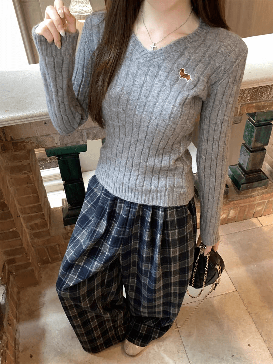 가을 겨울 한국 스타일 새로운 풀오버 꽈배기 V넥 자수 디자인 부드러운 찹쌀 인사이드 가져 가라. 스웨터 니트 스웨터 맨위 여성 상세 이미지 3