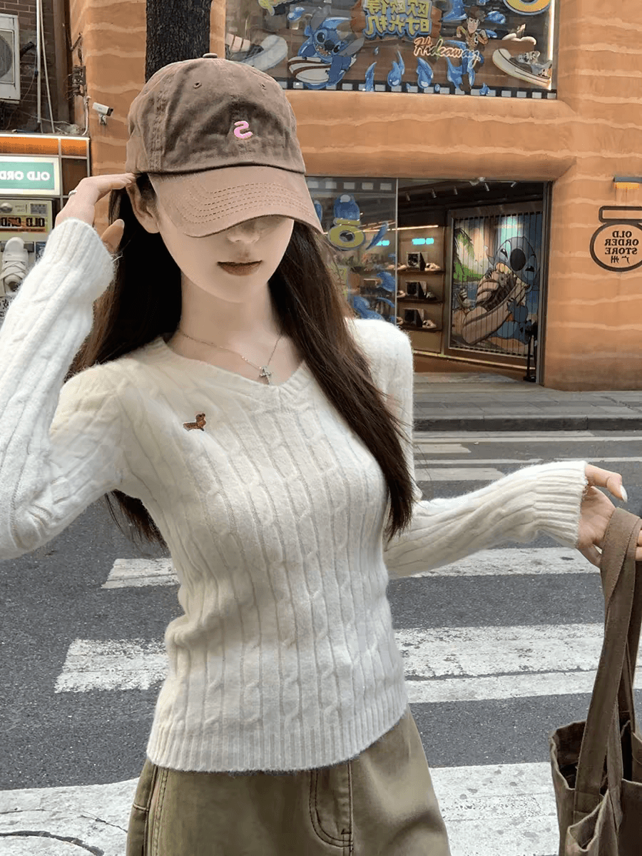 가을 겨울 한국 스타일 새로운 풀오버 꽈배기 V넥 자수 디자인 부드러운 찹쌀 인사이드 가져 가라. 스웨터 니트 스웨터 맨위 여성 상세 이미지 11