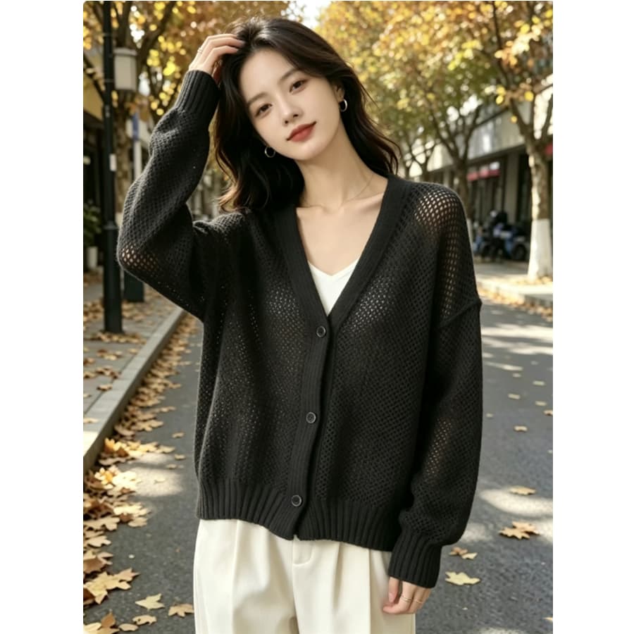 봄 가을 겨울 새로운 느긋한 바람 V넥 오픈 가디건 루즈핏 단추 니트 스웨터 고급 부드러운 여성 의류 스웨터 코트 이미지 5