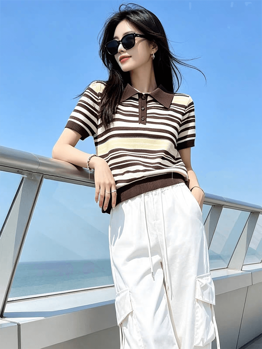 연령 감소 배색 스트라이프 반팔 니트 스웨터 여성 여름 새로운 학원 스타일 POLO 칼라 출퇴근 다용도 품격 맨위 상세 이미지 19