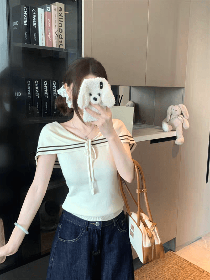 해군 스타일 오프숄더 레이스업 민소매 니트 맨위 여성 여름 한 부서 디자인 센스 몸매 가꾸기 작은 대중 맨위 상세 이미지 6
