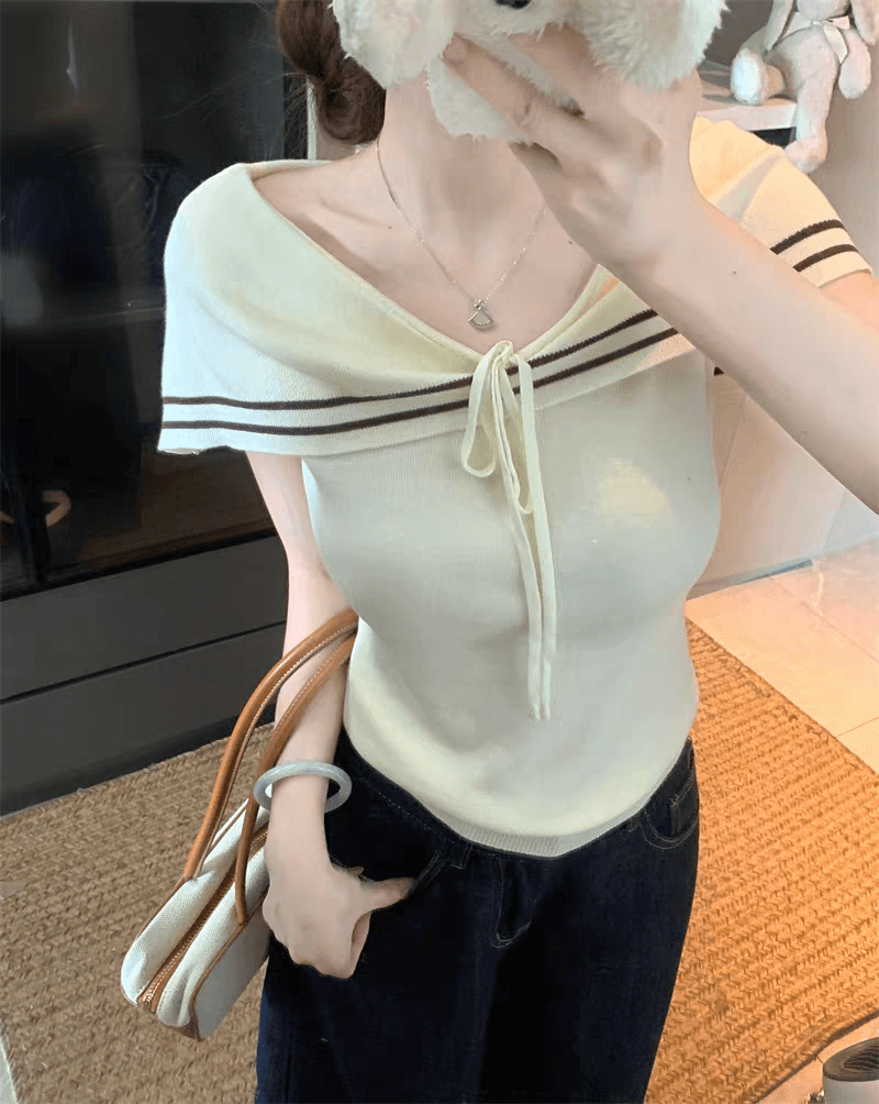해군 스타일 오프숄더 레이스업 민소매 니트 맨위 여성 여름 한 부서 디자인 센스 몸매 가꾸기 작은 대중 맨위 상세 이미지 8