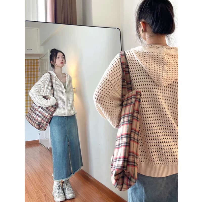 홀로우 아웃 디자인 센스 후드 외부 가져 가라. 얇은 스타일 재킷 한국 스타일 봄 여름 느긋한 후드티 지퍼 니트 오픈 가디건 맨위 여성 이미지 3