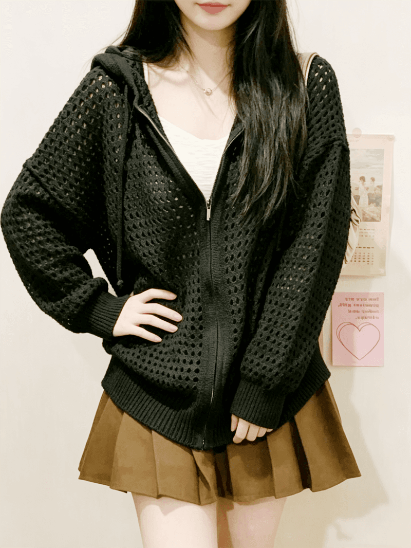 홀로우 아웃 디자인 센스 후드 외부 가져 가라. 얇은 스타일 재킷 한국 스타일 봄 여름 느긋한 후드티 지퍼 니트 오픈 가디건 맨위 여성 상세 이미지 13