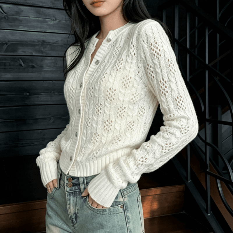 부드러운 바람 품격 홀로우 아웃 니트 오픈 가디건 여성 봄 가을 쇼트 스타일 다용도 루즈핏 슬림해 보이는 스웨터 코트 맨위 상세 이미지 14