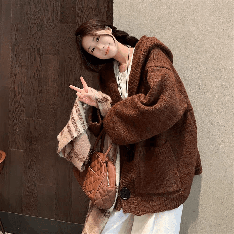 플러스 두꺼운 에디션 한국 동대문 느긋한 바람 후드 니트 오픈 가디건 스웨터 코트 가을 겨울 새로운 이미지 5