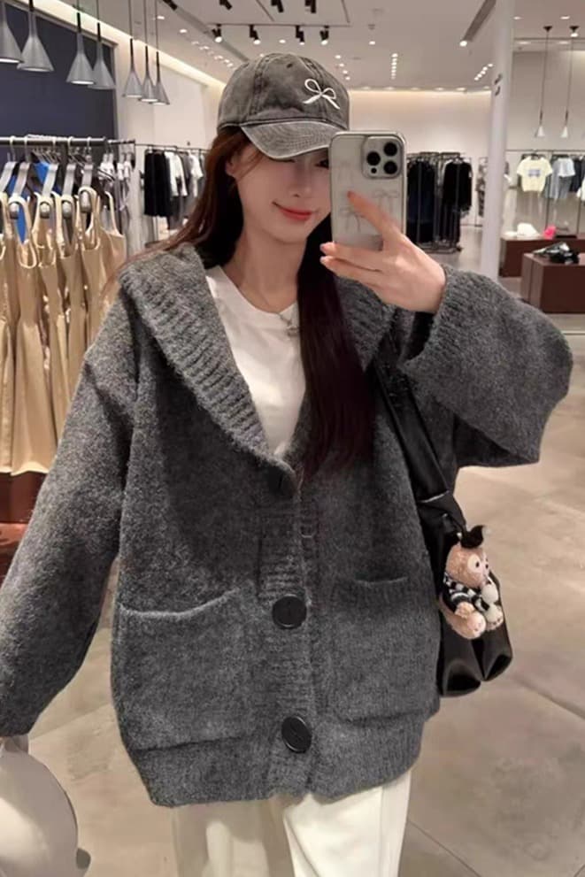 플러스 두꺼운 에디션 한국 동대문 느긋한 바람 후드 니트 오픈 가디건 스웨터 코트 가을 겨울 새로운 이미지 6