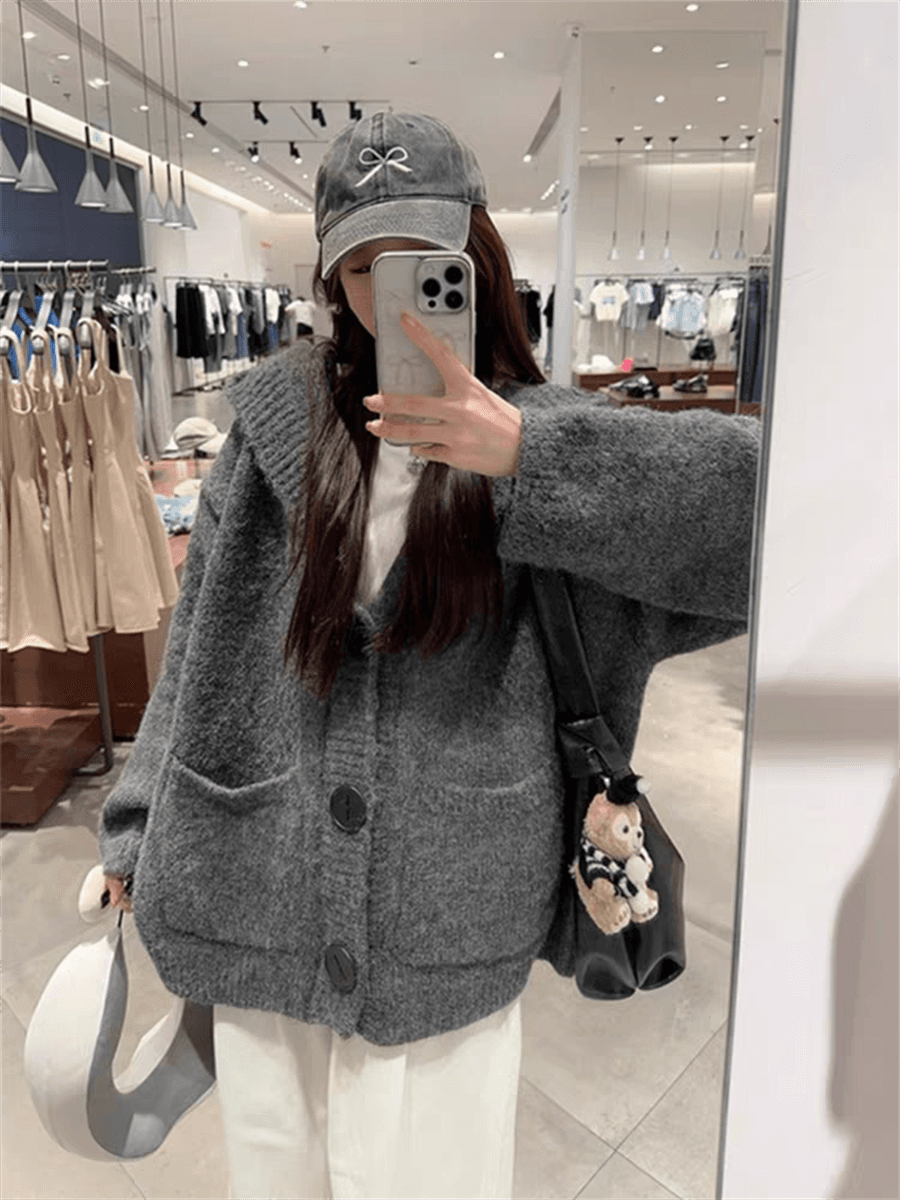 플러스 두꺼운 에디션 한국 동대문 느긋한 바람 후드 니트 오픈 가디건 스웨터 코트 가을 겨울 새로운 상세 이미지 2