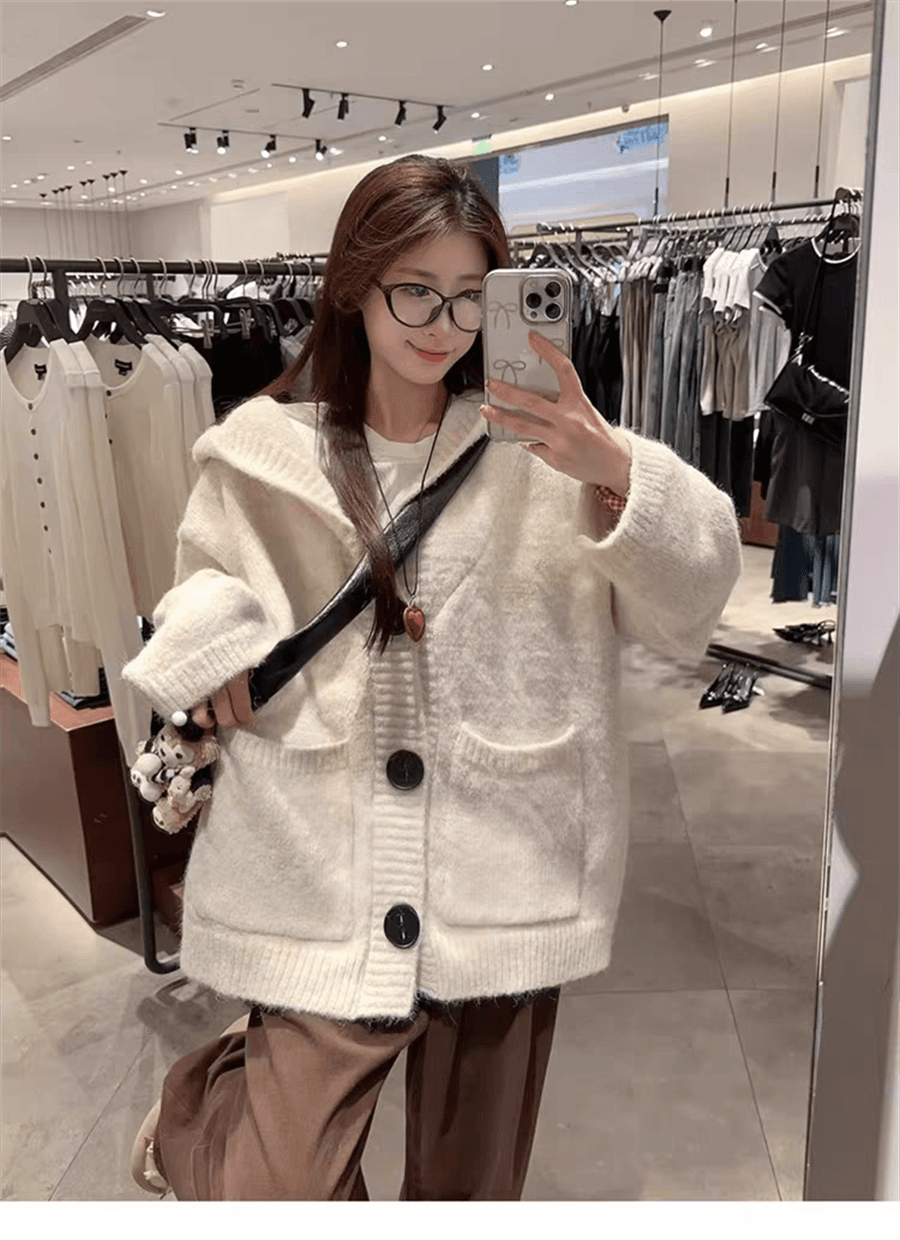 플러스 두꺼운 에디션 한국 동대문 느긋한 바람 후드 니트 오픈 가디건 스웨터 코트 가을 겨울 새로운 상세 이미지 6