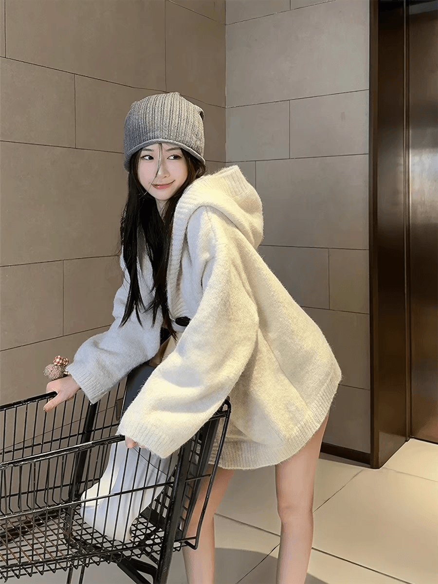 플러스 두꺼운 에디션 한국 동대문 느긋한 바람 후드 니트 오픈 가디건 스웨터 코트 가을 겨울 새로운 상세 이미지 25