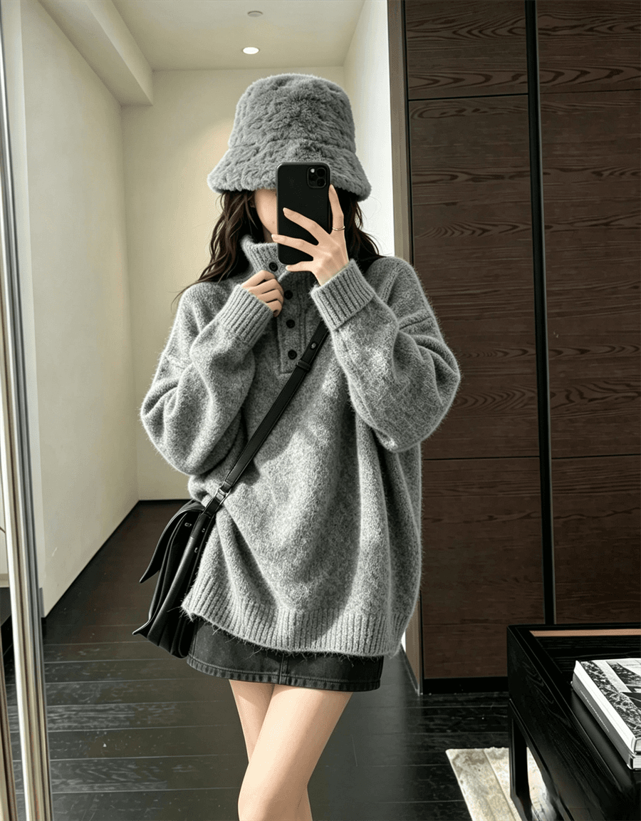 레트로 터틀넥 풀오버 스웨터 여자 가을 겨울 두꺼운 외출용 느긋한 바람 루즈핏 폴로 칼라 부드러운 찹쌀 니트 맨위 상세 이미지 3
