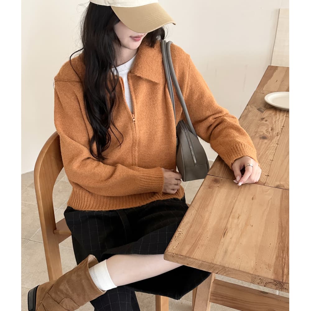 실사 한국 스타일 느긋한 바람 POLO 칼라 니트 오픈 가디건 여성 의류 가을 새로운 다용도 지퍼 루즈핏 스웨터 코트 이미지 3