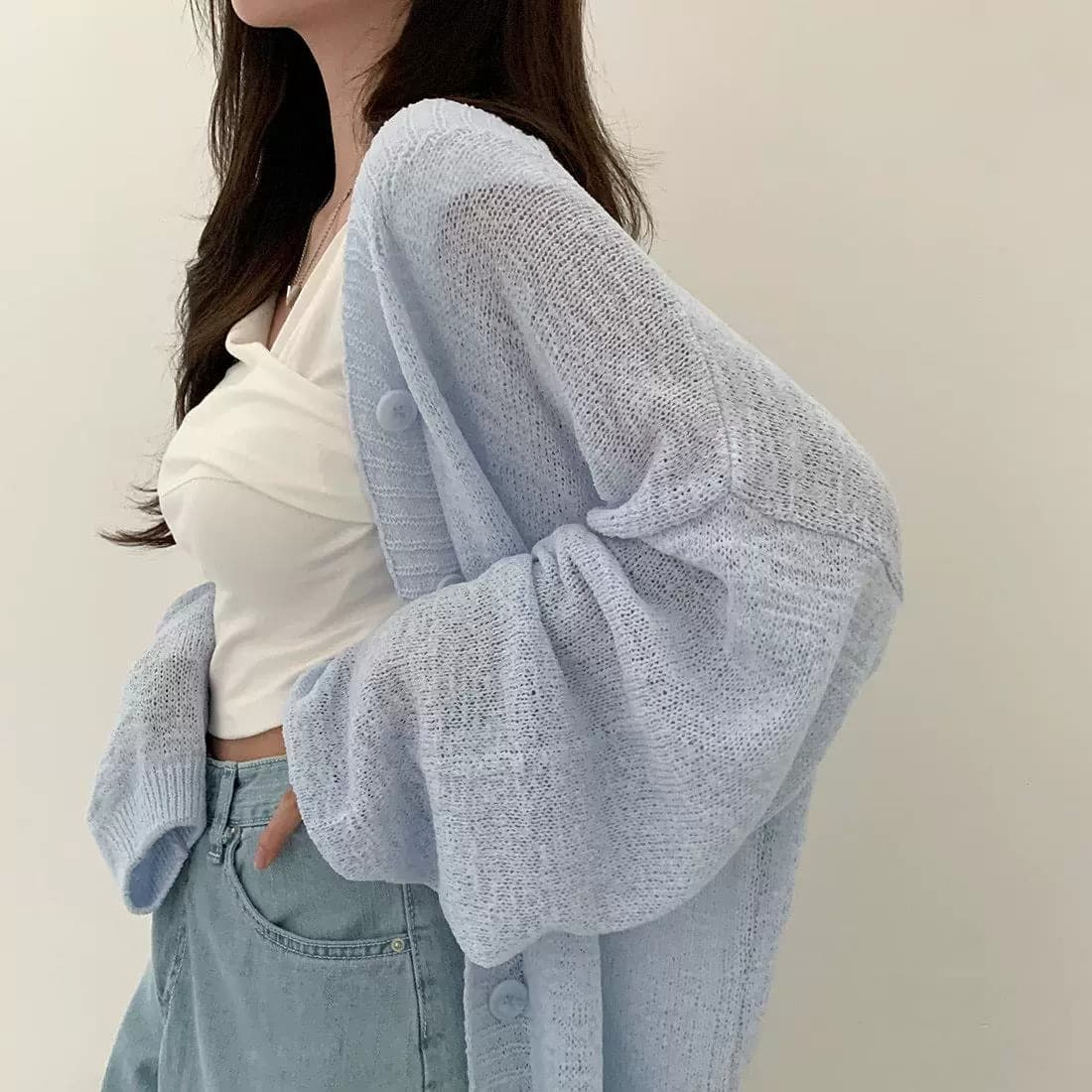 한국 chic 느긋한 루즈핏 얇은 코트 새로운 긴팔 자외선 차단 니트 오픈 가디건 맨위 여성 상세 이미지 15