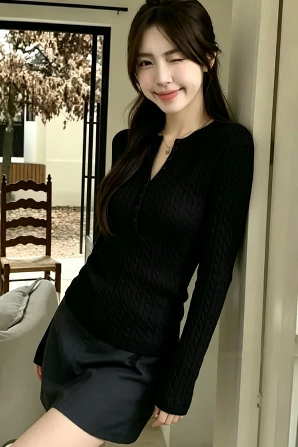 가을 겨울 새로운 한국 스타일 품격 반 개방 칼라 꽈배기 단추 디자인 니트 맨위 기본 셔츠 스웨터 여자 이미지 6
