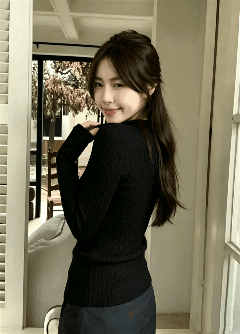 가을 겨울 새로운 한국 스타일 품격 반 개방 칼라 꽈배기 단추 디자인 니트 맨위 기본 셔츠 스웨터 여자 상세 이미지 11