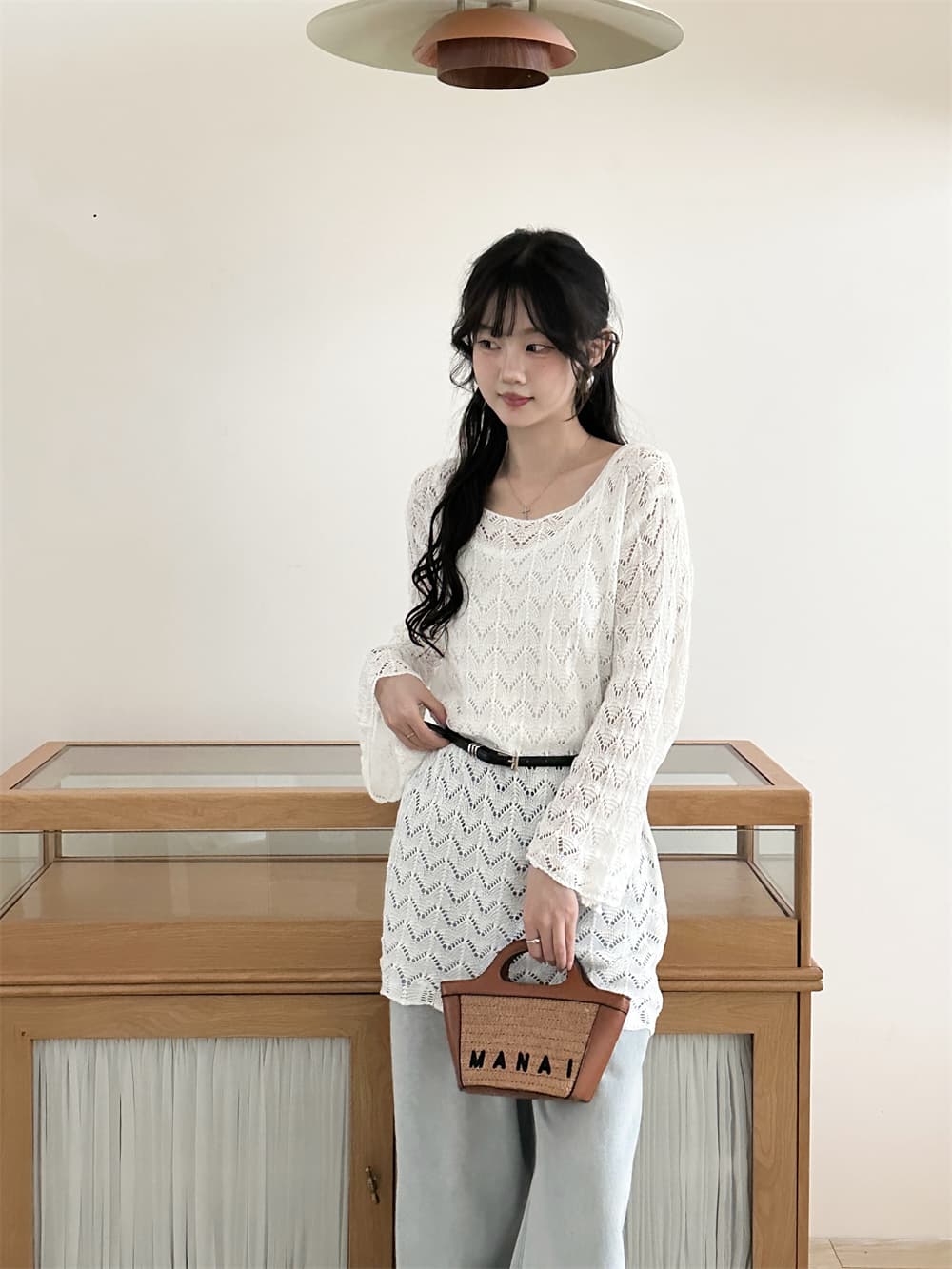 실사 한 부서 느긋한 바람 루즈핏 긴팔 니트 블라우스 봄 가을 새로운 여성 외국 가스 패션 롱 코트 홀로우 아웃 맨위 상세 이미지 27