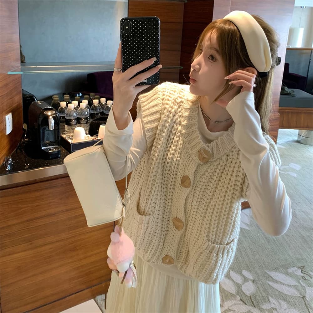 한 부서 느긋한 두꺼운 선 니트 조끼 여자 가을 의상 새로운 대 단추 주머니 민소매 조끼 외부 잡아라. 의류 이미지 2