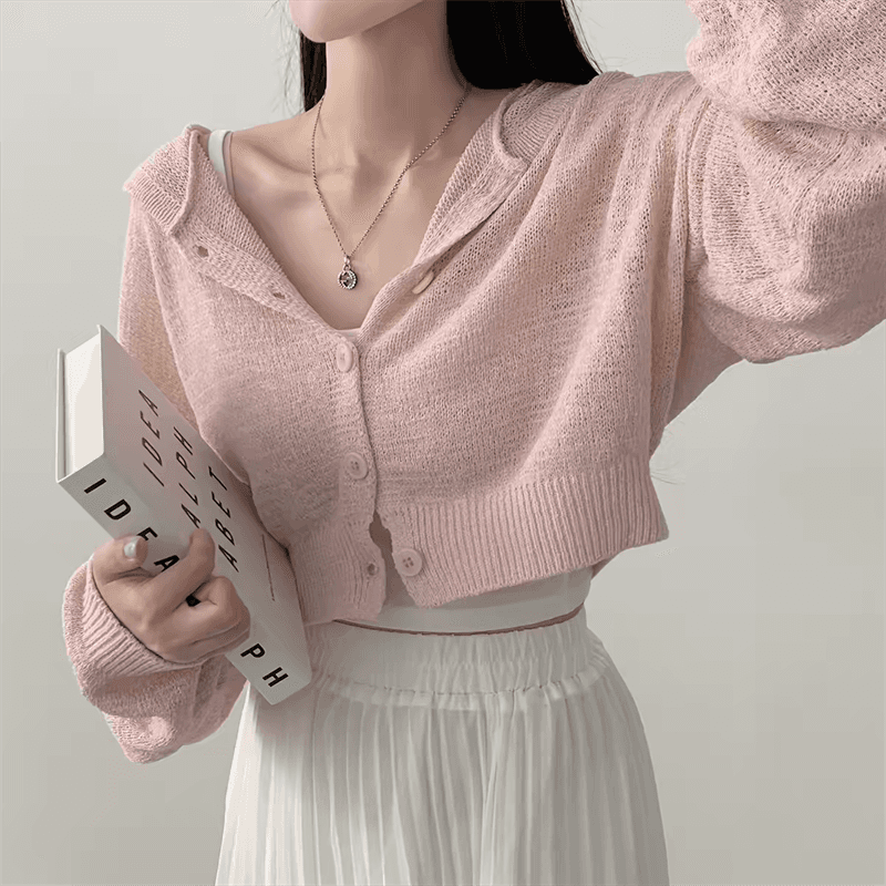 한국 chic 봄 가을 느긋한 바람 쇼트 스타일 루즈핏 단색 벌룬 소매 후드 긴팔 오픈 가디건 니트 스웨터 상세 이미지 2