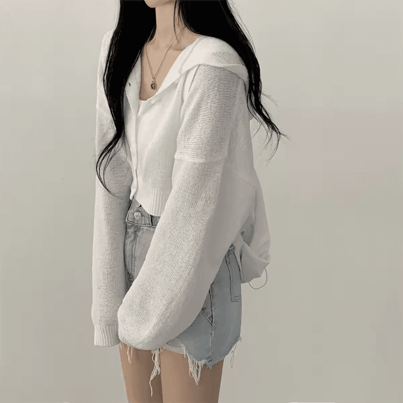 한국 chic 봄 가을 느긋한 바람 쇼트 스타일 루즈핏 단색 벌룬 소매 후드 긴팔 오픈 가디건 니트 스웨터 상세 이미지 3