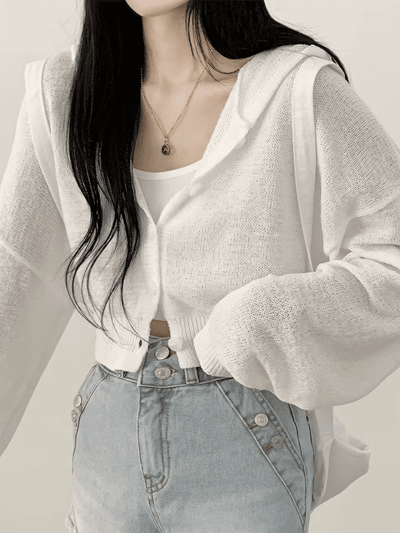 한국 chic 봄 가을 느긋한 바람 쇼트 스타일 루즈핏 단색 벌룬 소매 후드 긴팔 오픈 가디건 니트 스웨터 상세 이미지 5