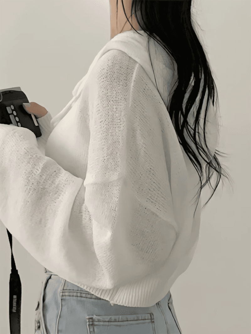 한국 chic 봄 가을 느긋한 바람 쇼트 스타일 루즈핏 단색 벌룬 소매 후드 긴팔 오픈 가디건 니트 스웨터 상세 이미지 7