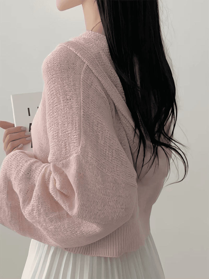 한국 chic 봄 가을 느긋한 바람 쇼트 스타일 루즈핏 단색 벌룬 소매 후드 긴팔 오픈 가디건 니트 스웨터 상세 이미지 8
