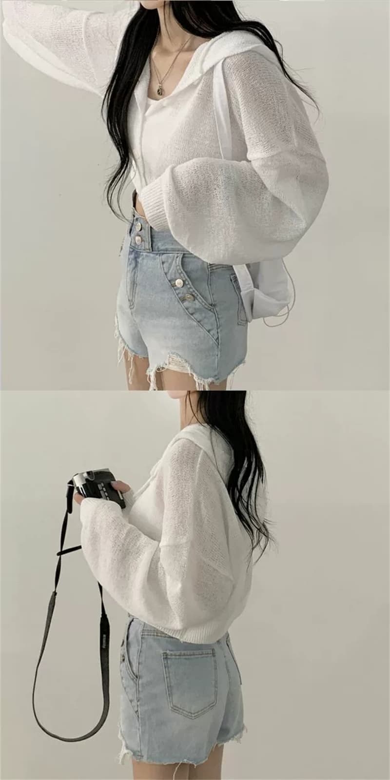 한국 chic 봄 가을 느긋한 바람 쇼트 스타일 루즈핏 단색 벌룬 소매 후드 긴팔 오픈 가디건 니트 스웨터 상세 이미지 9