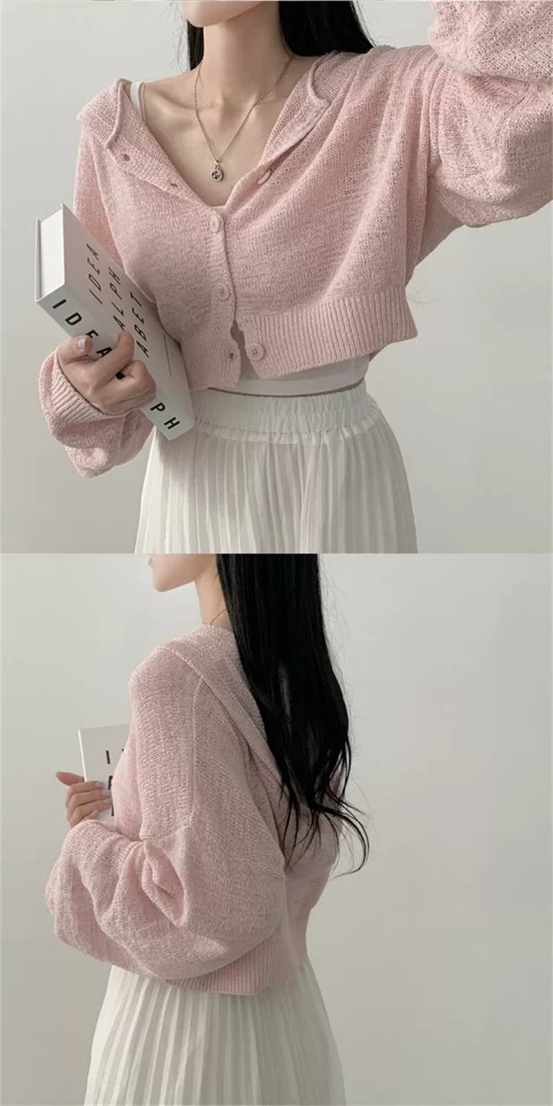 한국 chic 봄 가을 느긋한 바람 쇼트 스타일 루즈핏 단색 벌룬 소매 후드 긴팔 오픈 가디건 니트 스웨터 상세 이미지 11