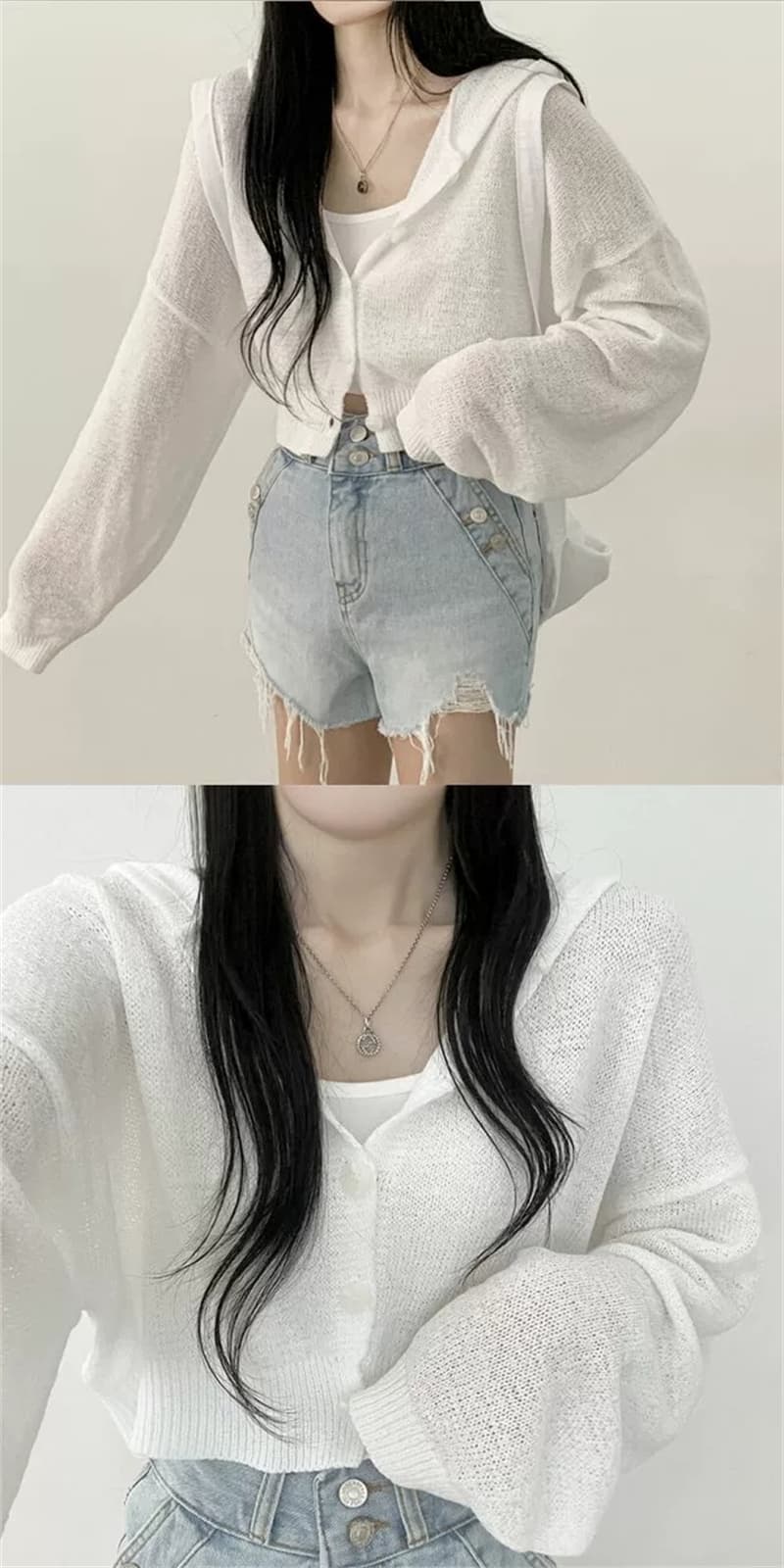 한국 chic 봄 가을 느긋한 바람 쇼트 스타일 루즈핏 단색 벌룬 소매 후드 긴팔 오픈 가디건 니트 스웨터 상세 이미지 13