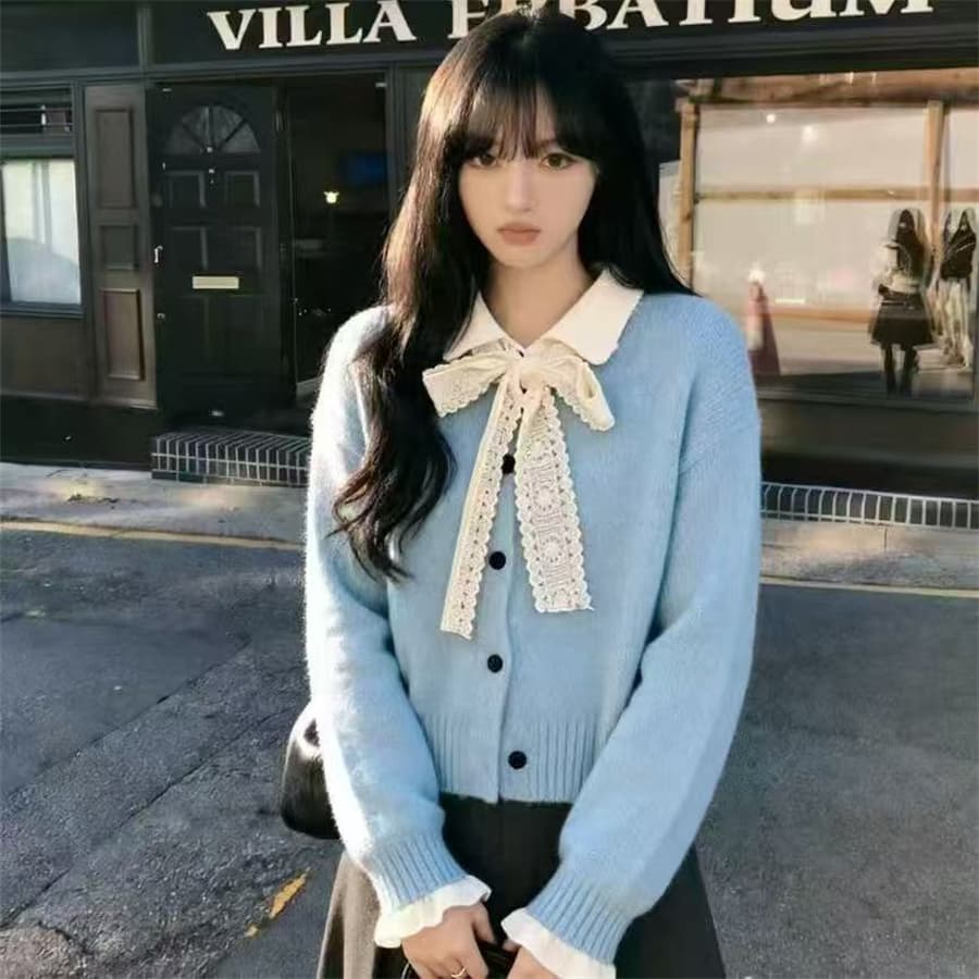 폴로 칼라 페이크 레이어드 스웨터 여성 코트 가을 겨울철 새로운 레이스 나비 매듭 니트 오픈 가디건 쇼트 스타일 맨위 이미지 4