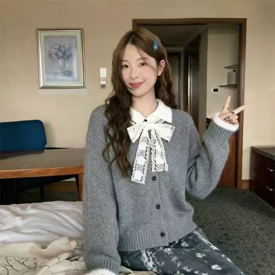 폴로 칼라 페이크 레이어드 스웨터 여성 코트 가을 겨울철 새로운 레이스 나비 매듭 니트 오픈 가디건 쇼트 스타일 맨위 상세 이미지 3