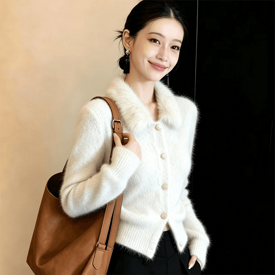 프랑스식 작은 샤넬 스타일 모피 칼라 스웨터 여자 겨울 니트 오픈 가디건 슈퍼 화재 연령 감소 맨위 플리스 쇼트 스타일 재킷 이미지 5