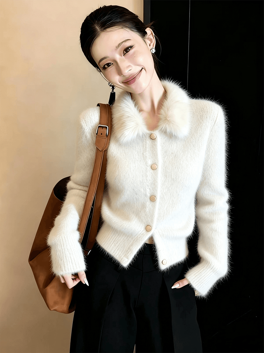 프랑스식 작은 샤넬 스타일 모피 칼라 스웨터 여자 겨울 니트 오픈 가디건 슈퍼 화재 연령 감소 맨위 플리스 쇼트 스타일 재킷 상세 이미지 1