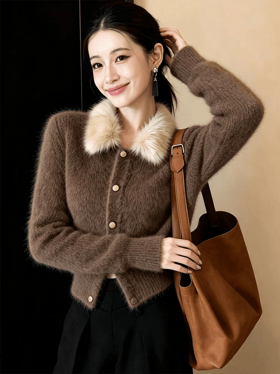 프랑스식 작은 샤넬 스타일 모피 칼라 스웨터 여자 겨울 니트 오픈 가디건 슈퍼 화재 연령 감소 맨위 플리스 쇼트 스타일 재킷 상세 이미지 3