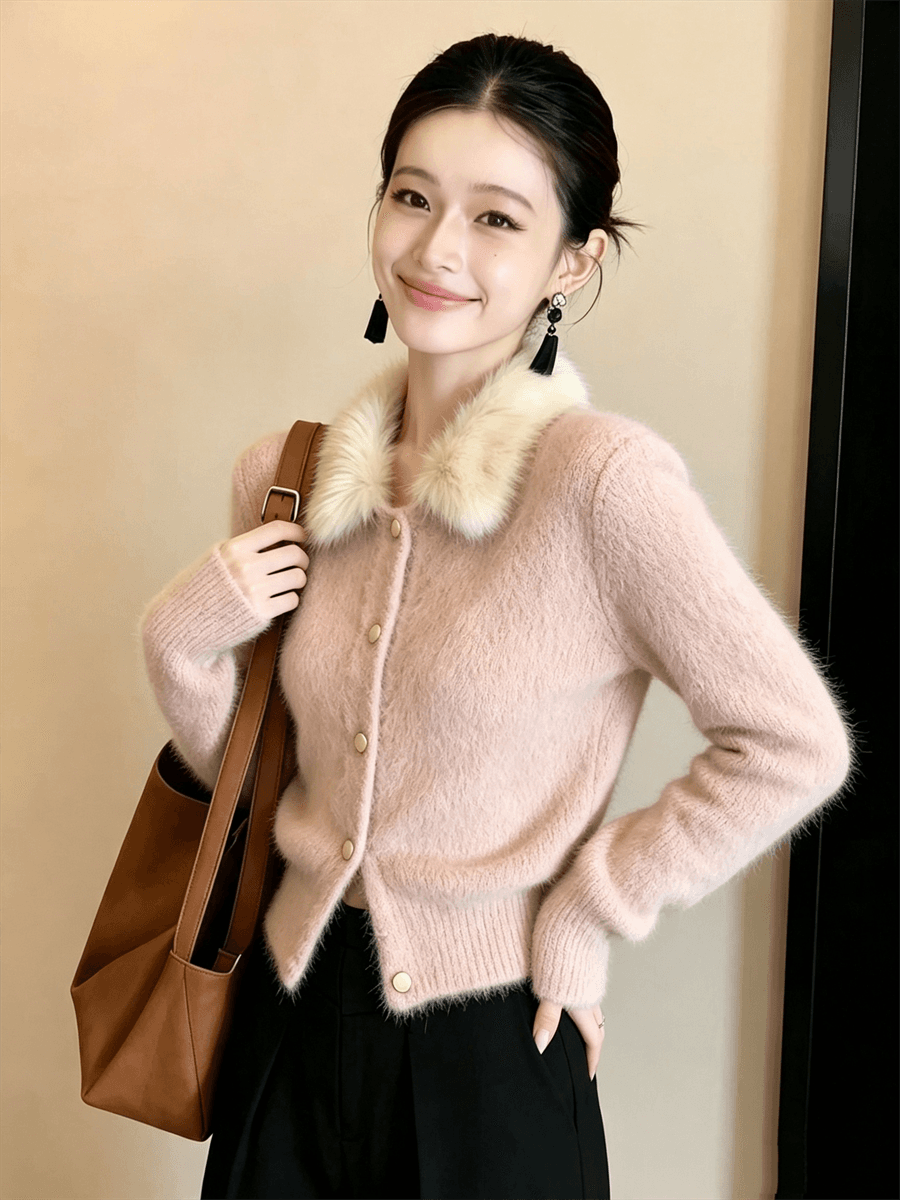 프랑스식 작은 샤넬 스타일 모피 칼라 스웨터 여자 겨울 니트 오픈 가디건 슈퍼 화재 연령 감소 맨위 플리스 쇼트 스타일 재킷 상세 이미지 4