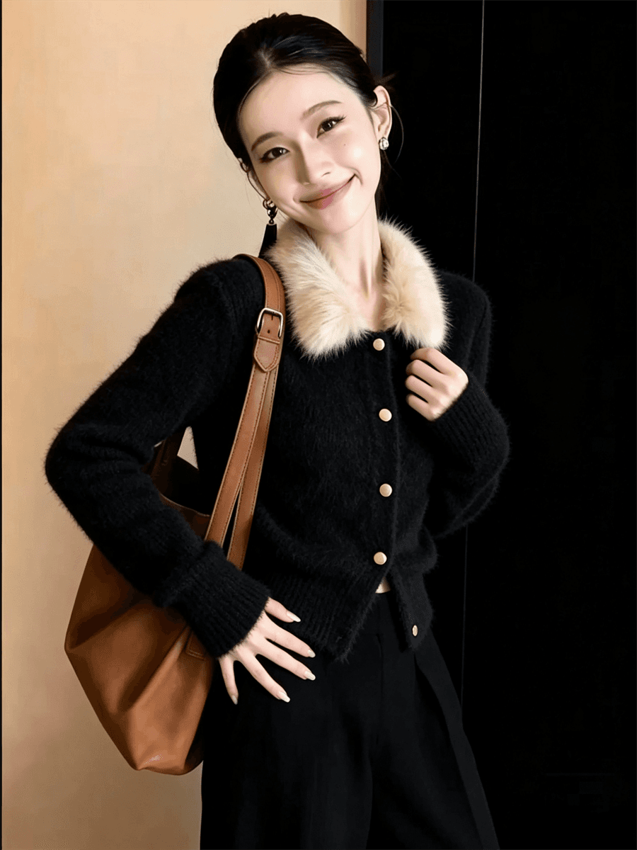 프랑스식 작은 샤넬 스타일 모피 칼라 스웨터 여자 겨울 니트 오픈 가디건 슈퍼 화재 연령 감소 맨위 플리스 쇼트 스타일 재킷 상세 이미지 6