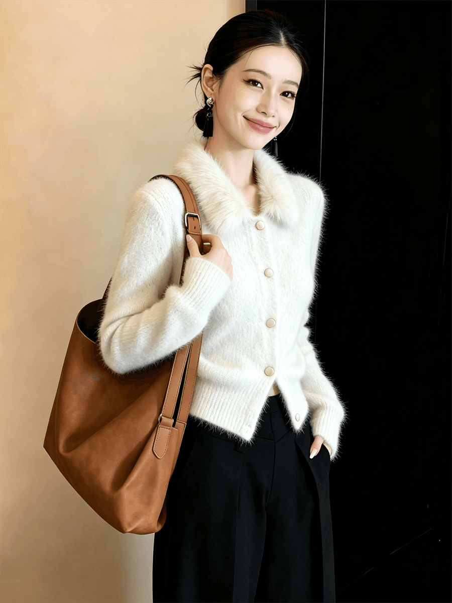 프랑스식 작은 샤넬 스타일 모피 칼라 스웨터 여자 겨울 니트 오픈 가디건 슈퍼 화재 연령 감소 맨위 플리스 쇼트 스타일 재킷 상세 이미지 7