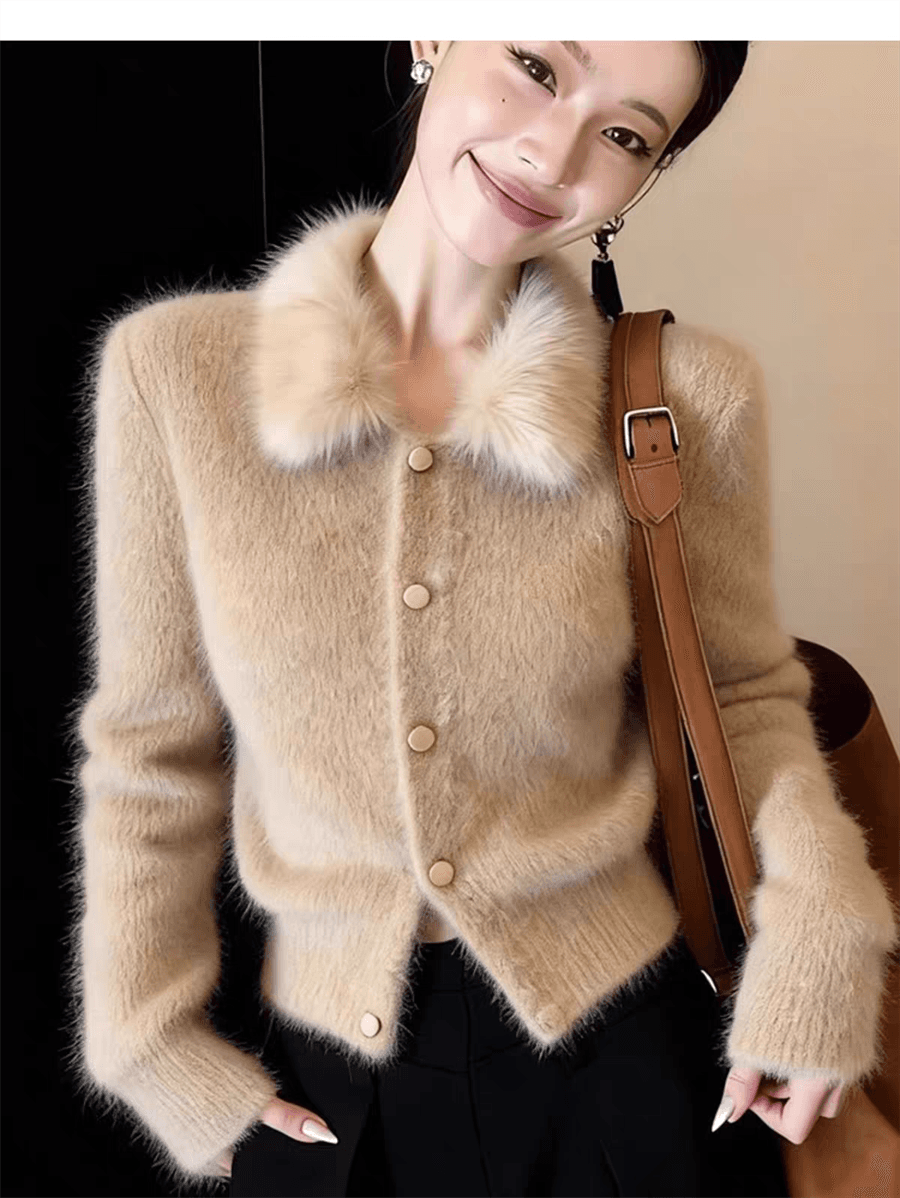 프랑스식 작은 샤넬 스타일 모피 칼라 스웨터 여자 겨울 니트 오픈 가디건 슈퍼 화재 연령 감소 맨위 플리스 쇼트 스타일 재킷 상세 이미지 10