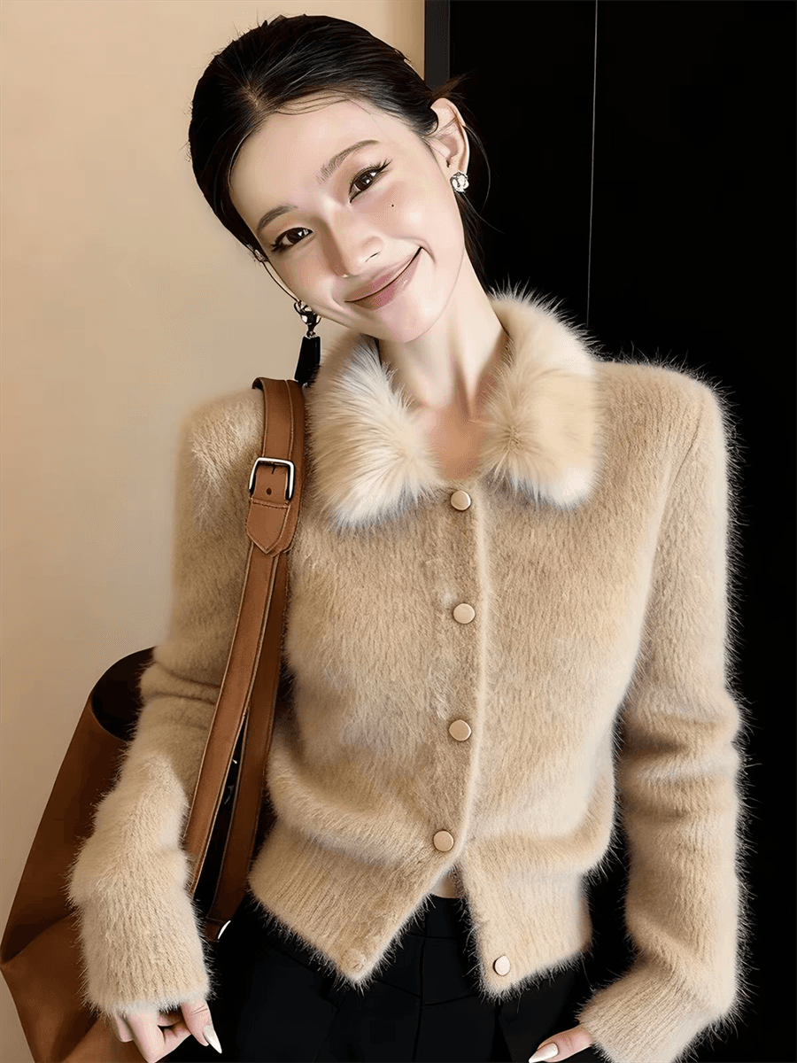 프랑스식 작은 샤넬 스타일 모피 칼라 스웨터 여자 겨울 니트 오픈 가디건 슈퍼 화재 연령 감소 맨위 플리스 쇼트 스타일 재킷 상세 이미지 13