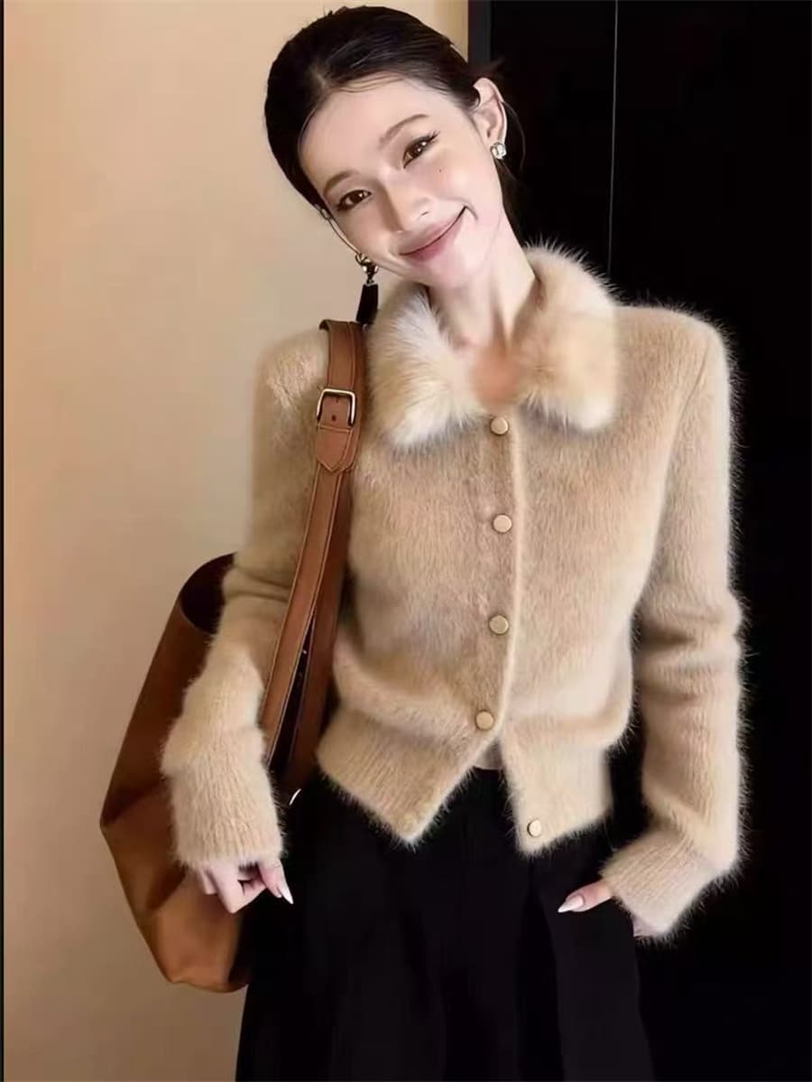 프랑스식 작은 샤넬 스타일 모피 칼라 스웨터 여자 겨울 니트 오픈 가디건 슈퍼 화재 연령 감소 맨위 플리스 쇼트 스타일 재킷 상세 이미지 16