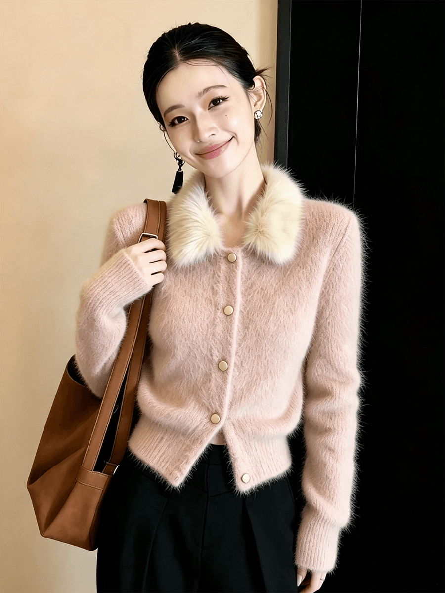 프랑스식 작은 샤넬 스타일 모피 칼라 스웨터 여자 겨울 니트 오픈 가디건 슈퍼 화재 연령 감소 맨위 플리스 쇼트 스타일 재킷 상세 이미지 18