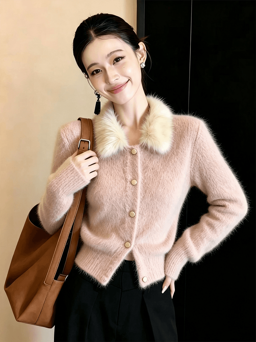 프랑스식 작은 샤넬 스타일 모피 칼라 스웨터 여자 겨울 니트 오픈 가디건 슈퍼 화재 연령 감소 맨위 플리스 쇼트 스타일 재킷 상세 이미지 19