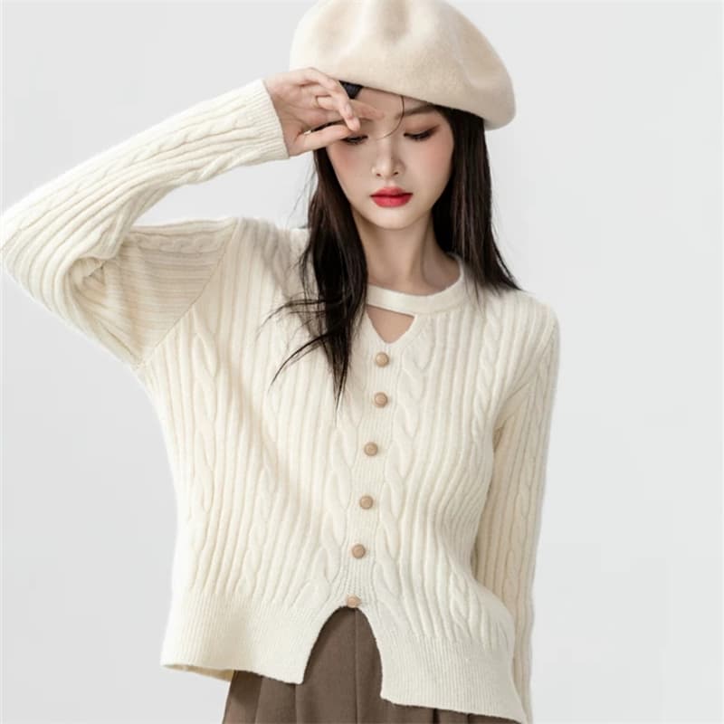 가을 겨울 새로운 두꺼운 꽈배기 스웨터 여자 고유 한 디자인 센스 행침 목 V넥 긴팔 니트 스웨터 맨위 상세 이미지 3