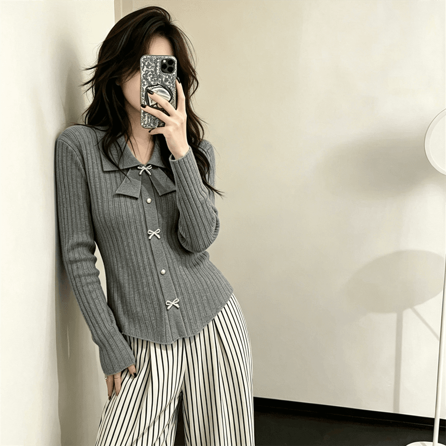 작은 샤넬 스타일 나비 매듭 POLO 칼라 긴팔 맨위 몸매 가꾸기 여성 만나는 니트 스웨터 스웨터 인사이드 가져 가라. 이미지 5
