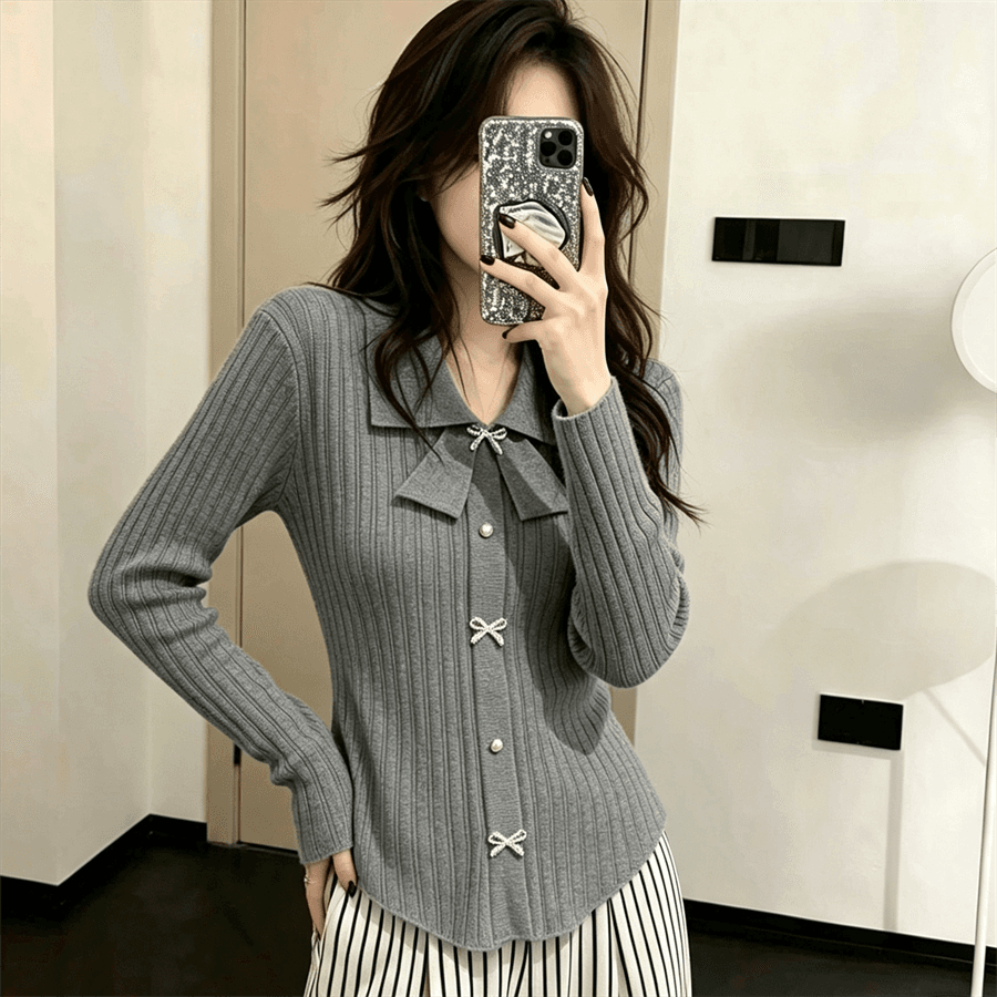 작은 샤넬 스타일 나비 매듭 POLO 칼라 긴팔 맨위 몸매 가꾸기 여성 만나는 니트 스웨터 스웨터 인사이드 가져 가라. 상세 이미지 5