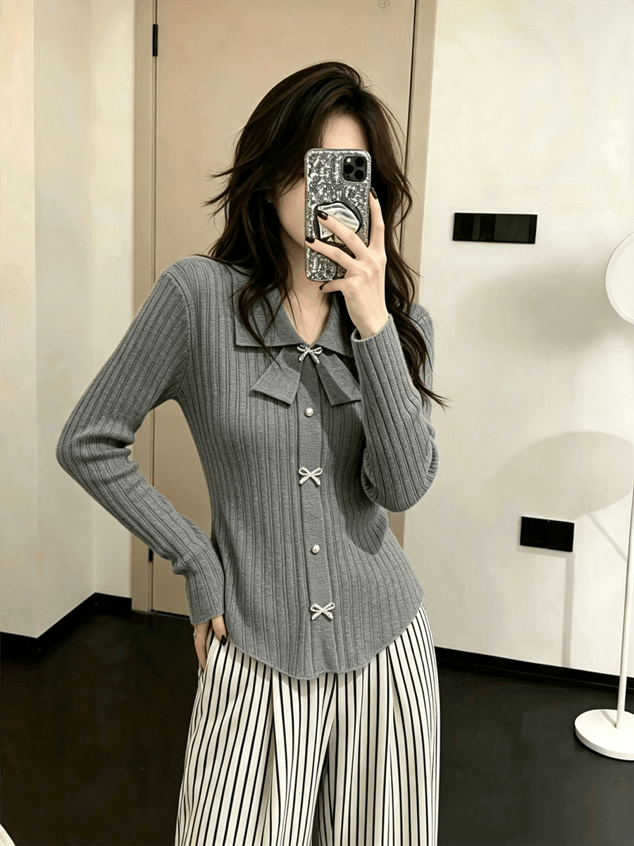 작은 샤넬 스타일 나비 매듭 POLO 칼라 긴팔 맨위 몸매 가꾸기 여성 만나는 니트 스웨터 스웨터 인사이드 가져 가라. 상세 이미지 7