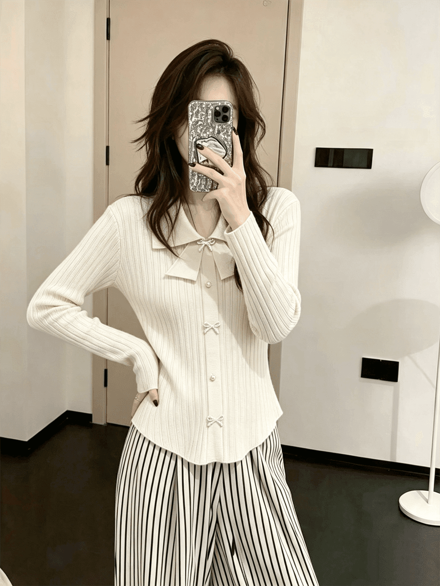 작은 샤넬 스타일 나비 매듭 POLO 칼라 긴팔 맨위 몸매 가꾸기 여성 만나는 니트 스웨터 스웨터 인사이드 가져 가라. 상세 이미지 15