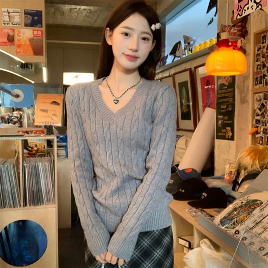 한 부서 V넥 스웨터 여자 가을 겨울철 꽈배기 두꺼운 루즈핏 인사이드 가져 가라. 외출용 느긋한 바람 니트 스웨터 맨위 이미지 4