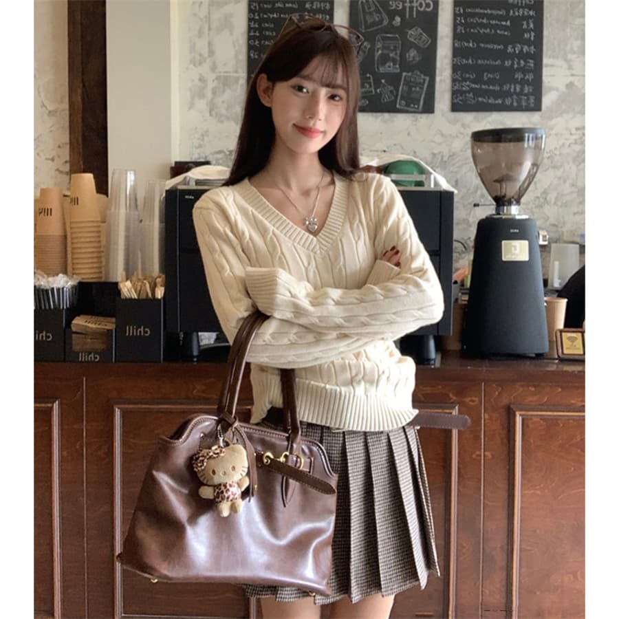 한 부서 V넥 스웨터 여자 가을 겨울철 꽈배기 두꺼운 루즈핏 인사이드 가져 가라. 외출용 느긋한 바람 니트 스웨터 맨위 상세 이미지 2
