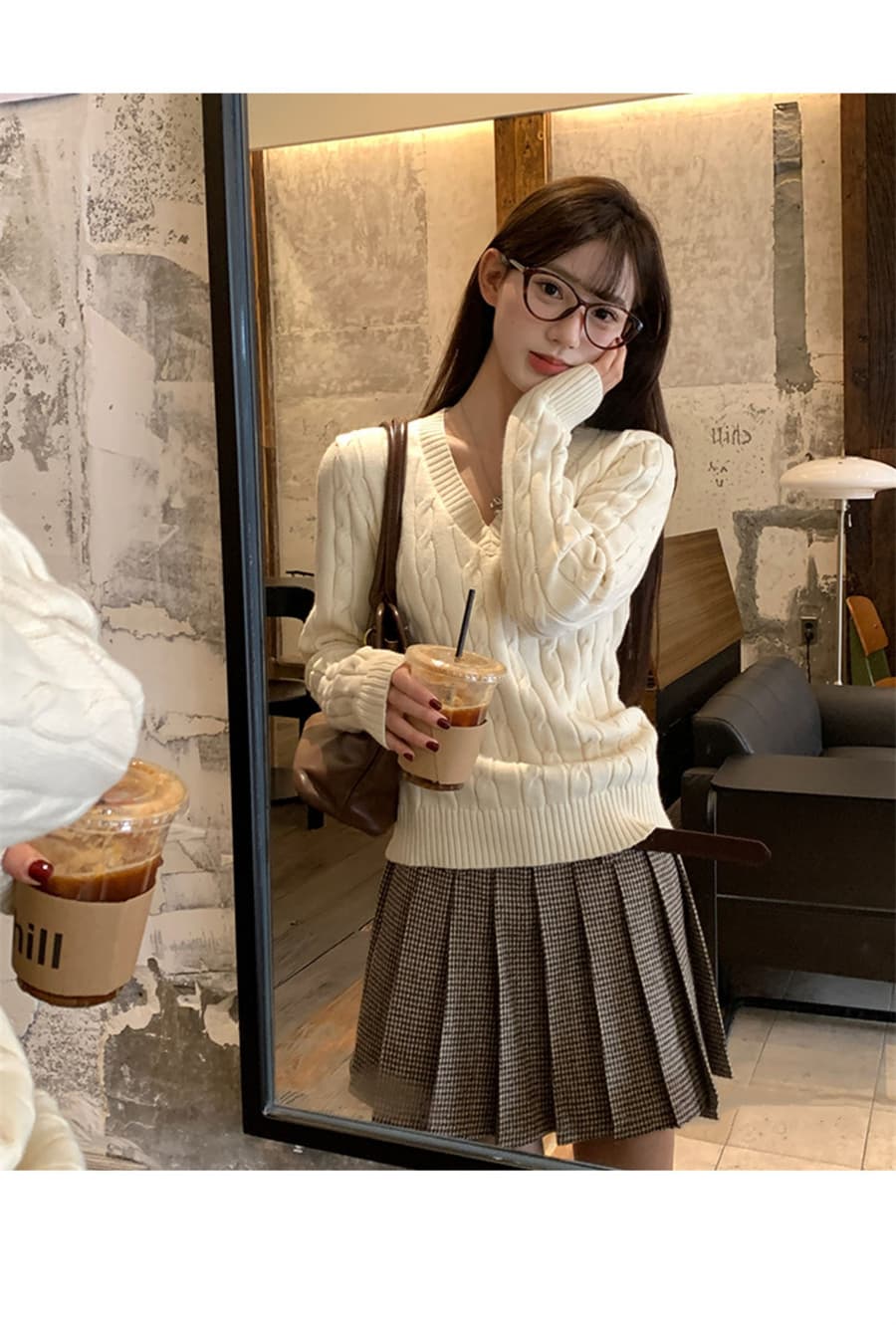 한 부서 V넥 스웨터 여자 가을 겨울철 꽈배기 두꺼운 루즈핏 인사이드 가져 가라. 외출용 느긋한 바람 니트 스웨터 맨위 상세 이미지 17